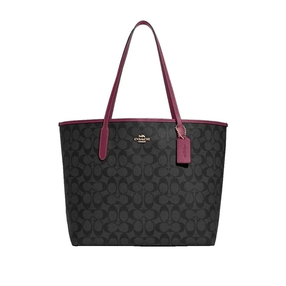 COACH - Gallery City Tote in Signature Canvas - Graphite / Black Cherry